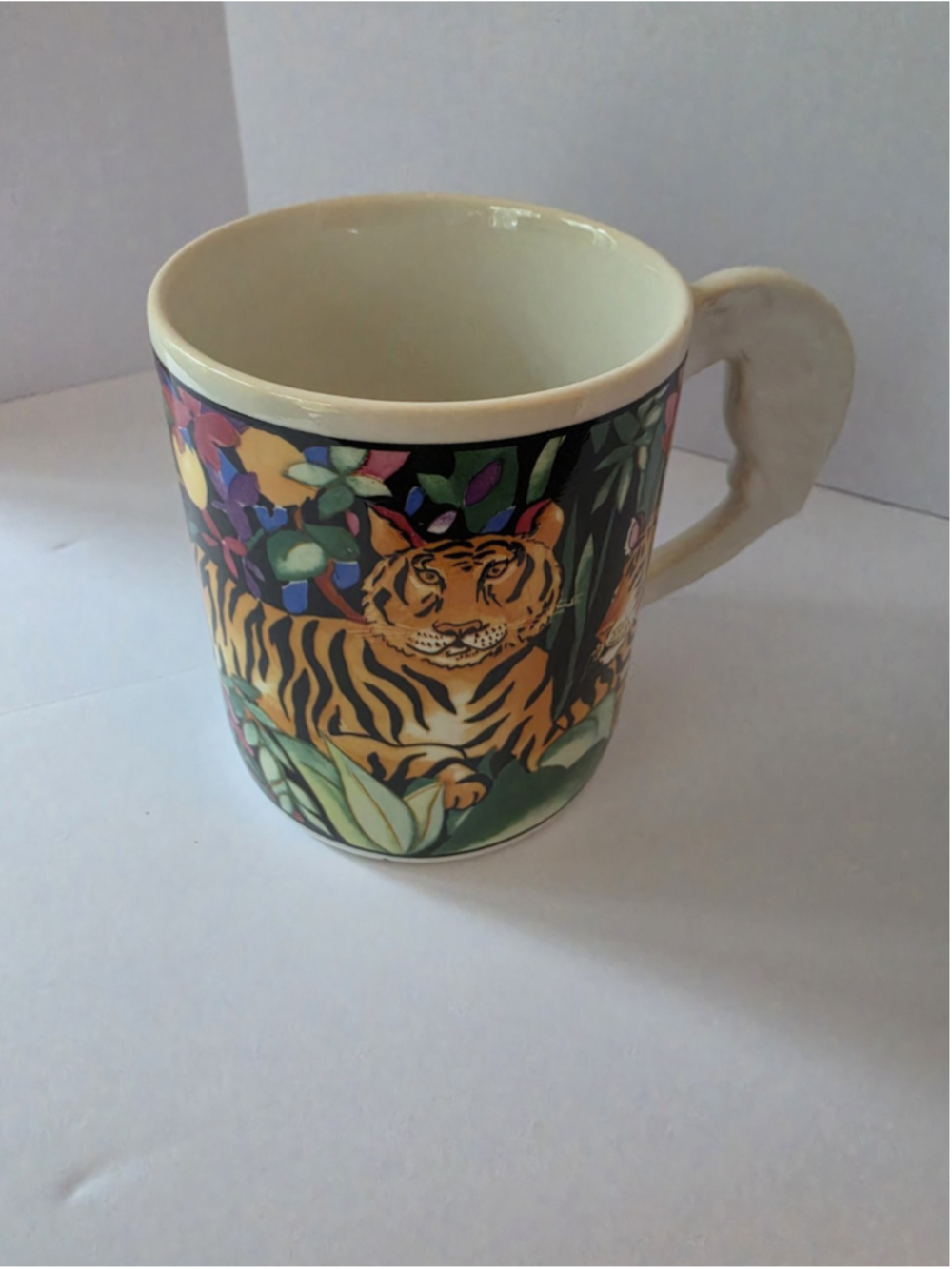 Vtg Vitromaster Rain Forest Mug 1993 Sue Zipkin Tiger Parrot Handle Coffee Cup